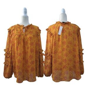 Ann Taylor Women's Orange Multi Long Sleeve Ruffled Floral Cottage Core Top XL
